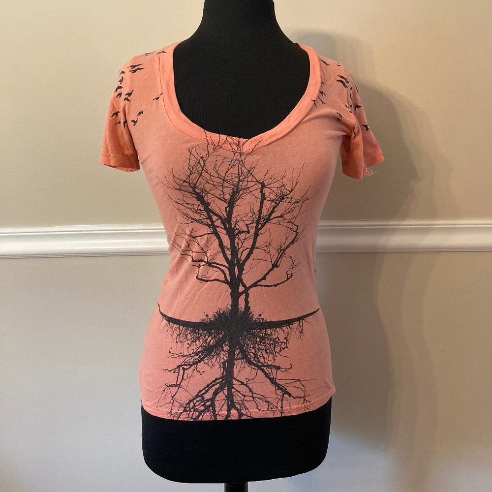 Lira Coral Shirt w Black Tree and Birds Silhouette